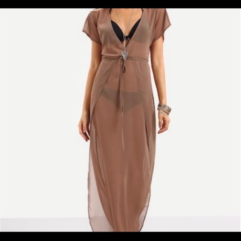 Drawstring waist split cover up dress